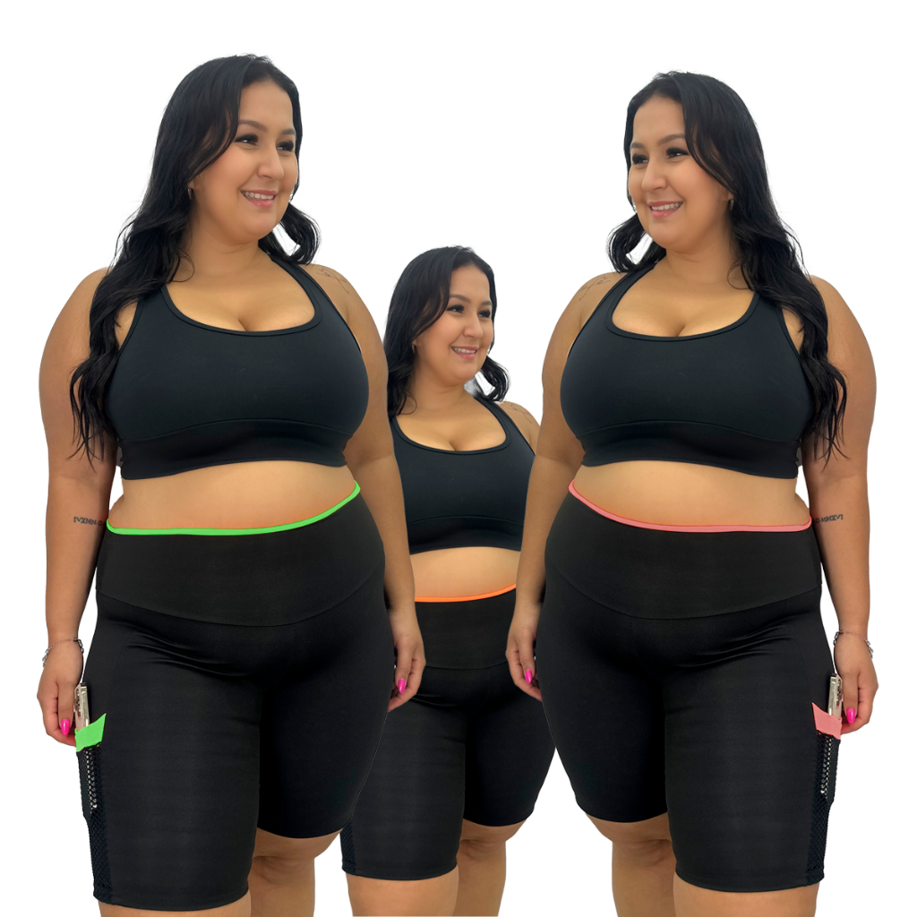 Kit 3 Short Plus Size Fitness Feminino Academia Bolso Lateral Cintura Alta Suplex Zero Transparência
