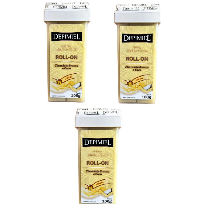 Kit com 3 Cera Depilatória Roll- On Chocolate Branco e Coco 100g - Depimiel em Oferta na Shopee