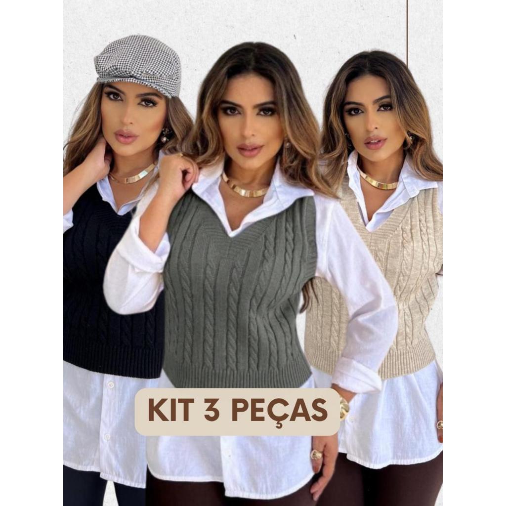 Kit 3 Colete Suéter de Malha Tricot Trança Decote em V Outono Inverno Frio