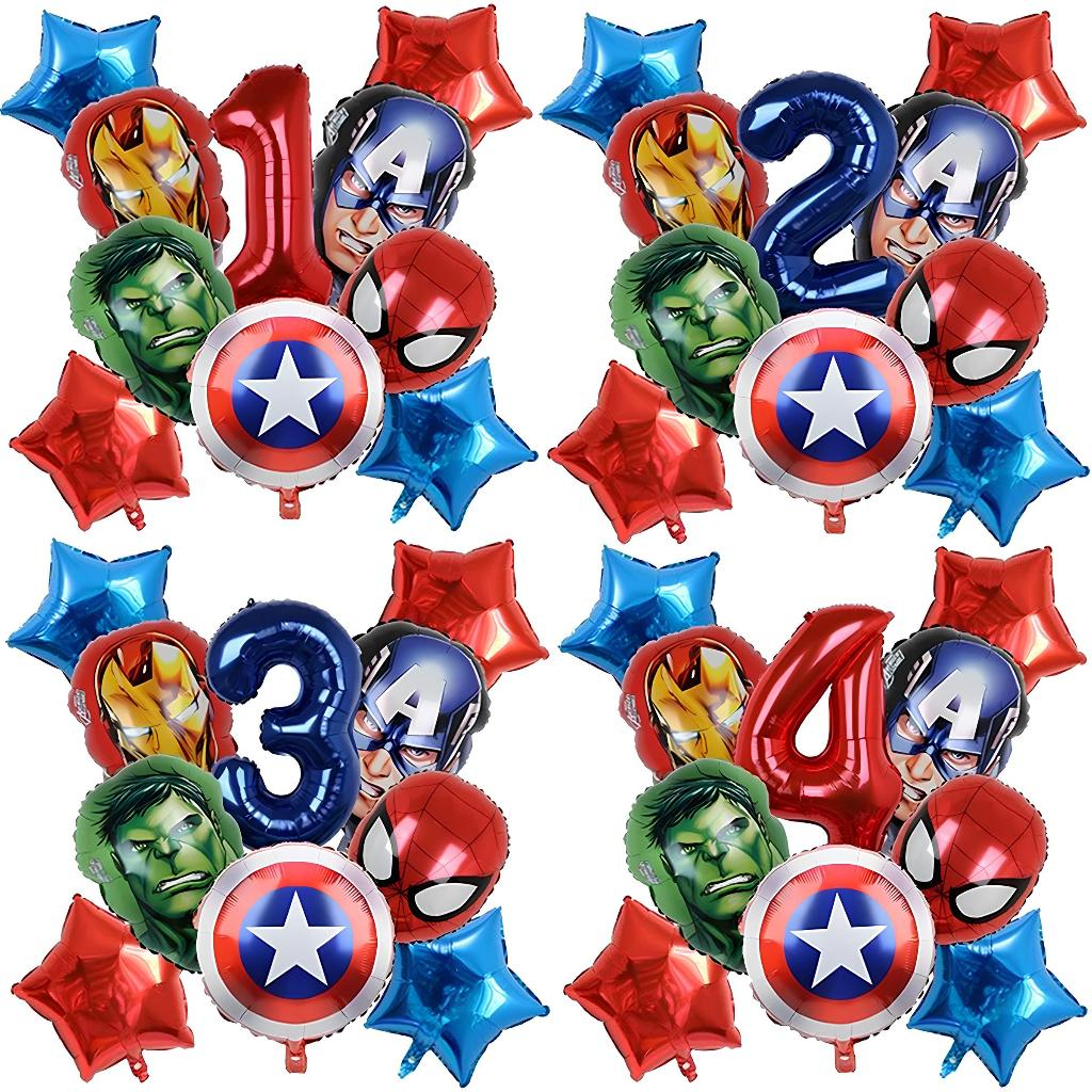 10 Balão Vingadores + Número Balões Metalizados Marvels Escudo Capitão América, Homem Aranha, Homem de Ferro, Hulk