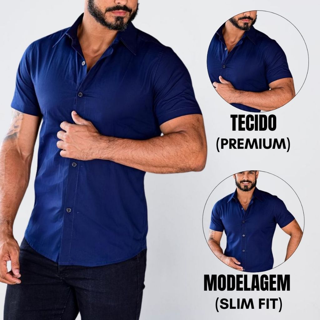 Camisa Social Slim Fit Manga Curta Branca Preta Azul Envio Imediato Nova coleção Super Oferta