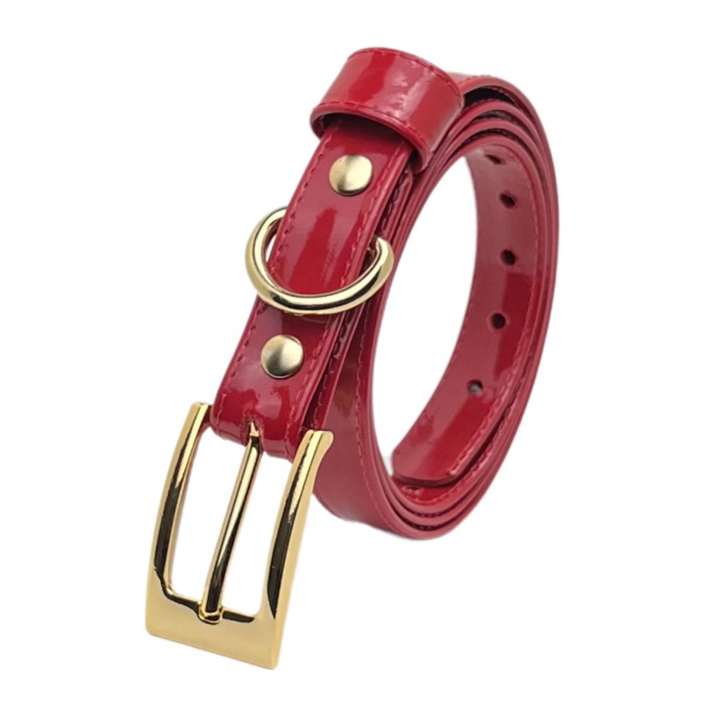 Cinto Feminino Couro Vermelho Verniz Brilhante Brilho Festa Luxo Tendência Fivela Dourada