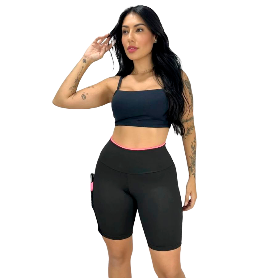 Short Feminino Fitness Academia com Bolso de Tela Porta Celular.ZERO TRANSPARENTE .