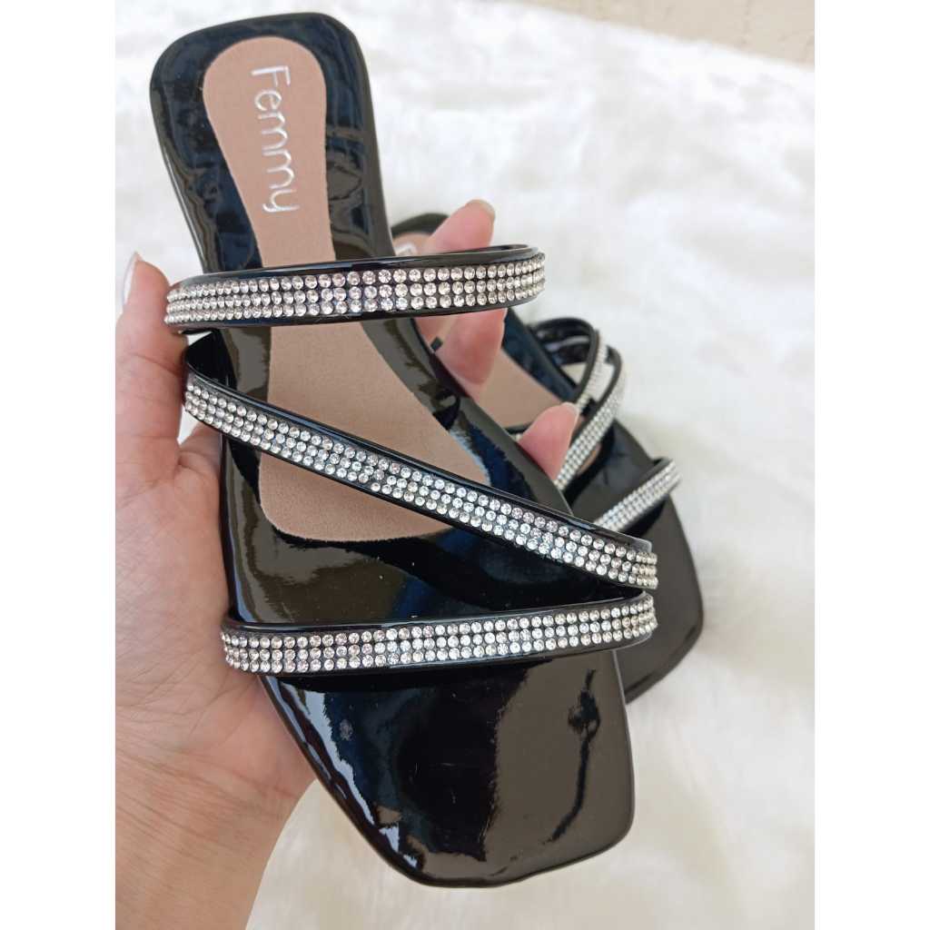 Rasteirinha Feminina com Strass Pedraria Rasteira confortável brilhosa - Femmy 060