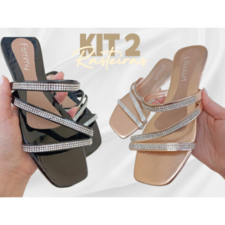 Kit com 2 Rasteirinhas Feminina com Strass Pedraria Rasteiras confortável brilhosa Femmy 060 em Oferta na Shopee