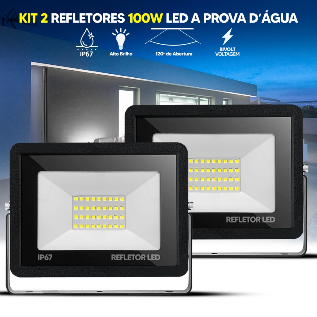 Kit 2 Refletor LED 100W Bivolt IP67 Branco Frio 6500K Slim à Prova D'Água para Áreas Externas