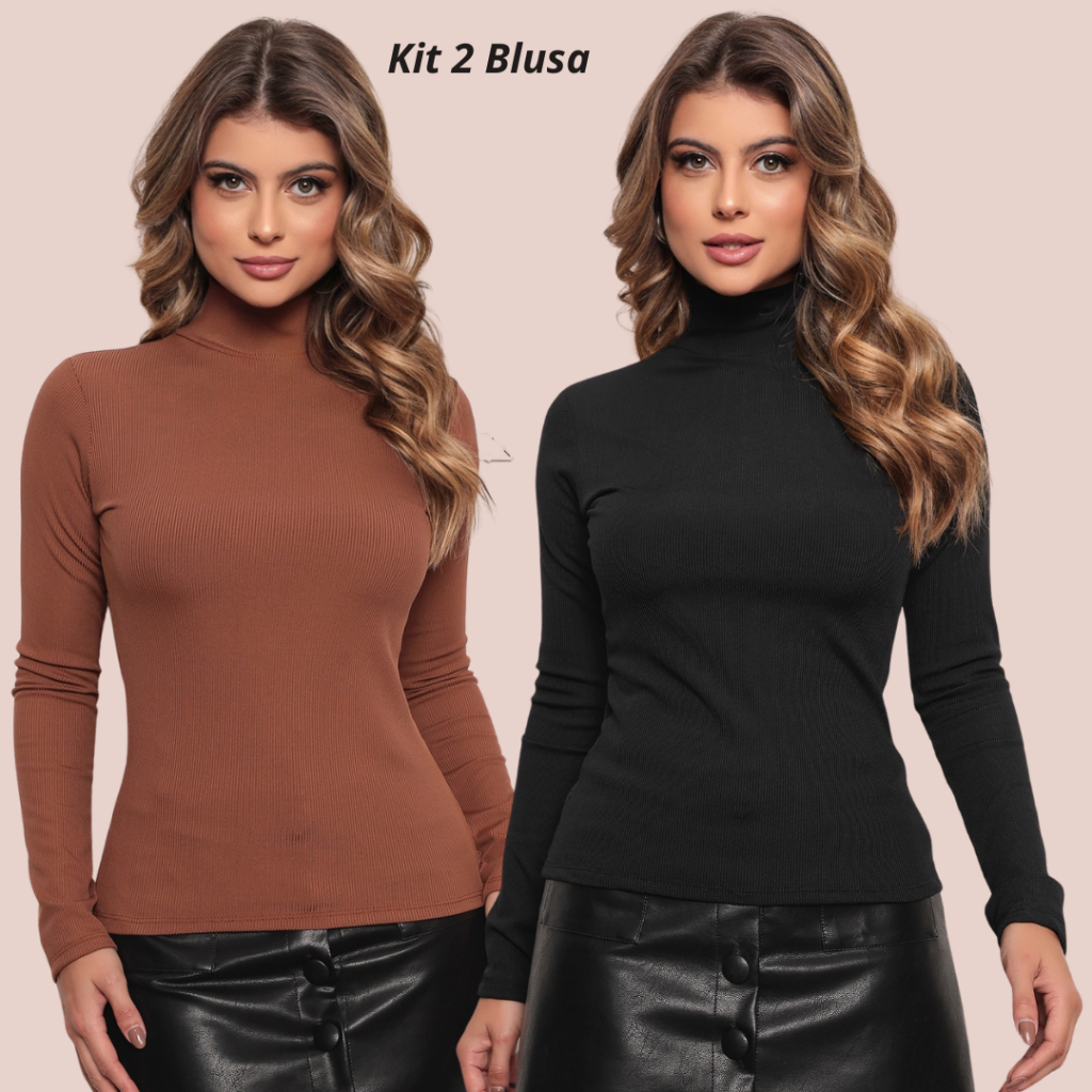 Kit 2 Cacharrel Canelada Flanelada Blusa de Frio Sueter Gola Alta Manga Longa