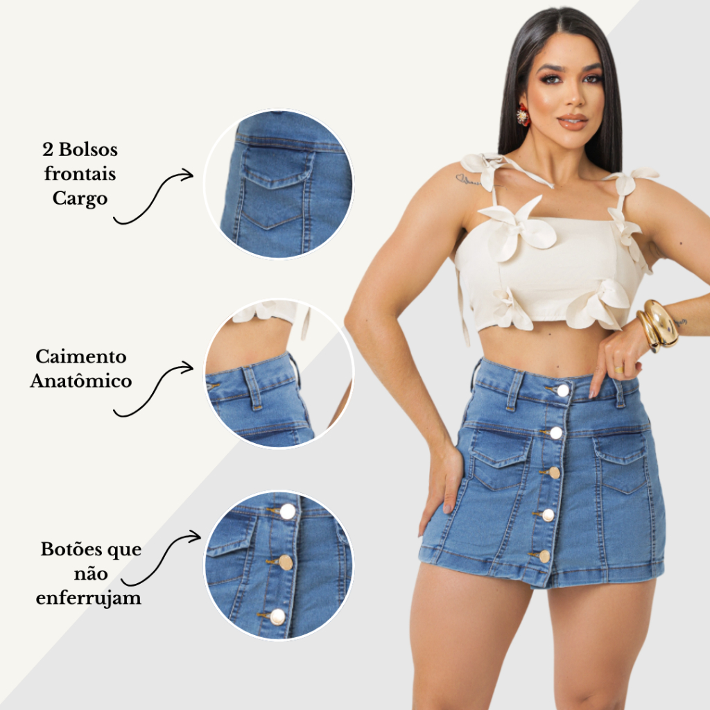 Short Saia Midi Jeans Anatômica Com Botão Levanta Bumbum Com Lycra