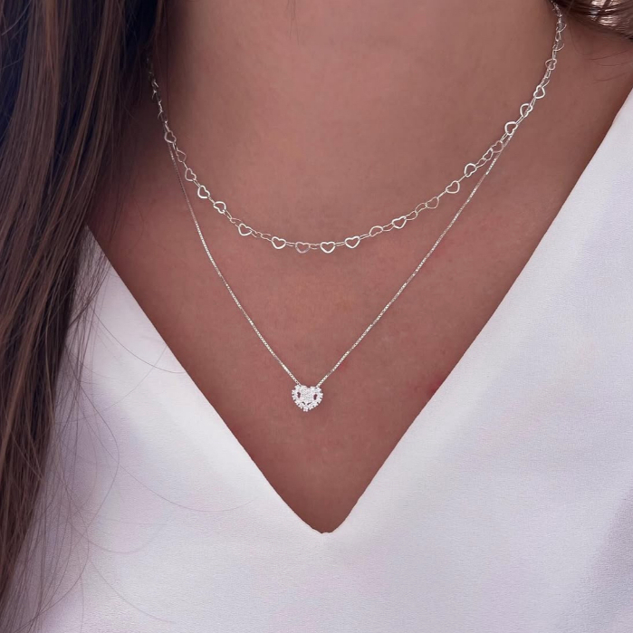 KIT 2 Colar a Prata 925 Choker coração amor + Colar Com coração Ponto De Luz Banhadas a ou...
