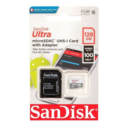 Cartão De Memória 128gb Sandisk Ultra Velocidade de Leitura 100MB/s MicroSDXC Com Adaptador Sd SDSQUNR-128G-GN3MA