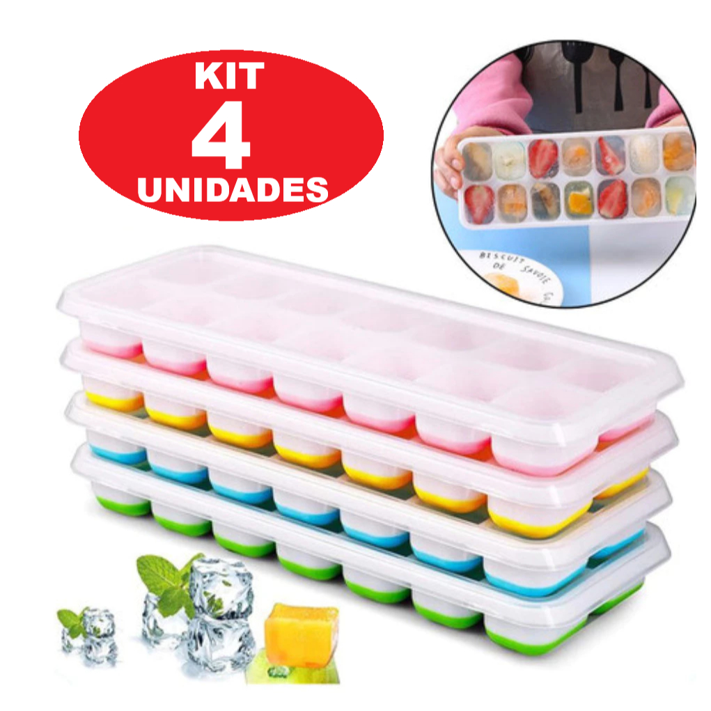 Kit c/4 de Formas de Gelo c/14 Cubo Divisorias com Tampa Rígida e Fundo Silicone Cores Sortidas em Oferta na Shopee