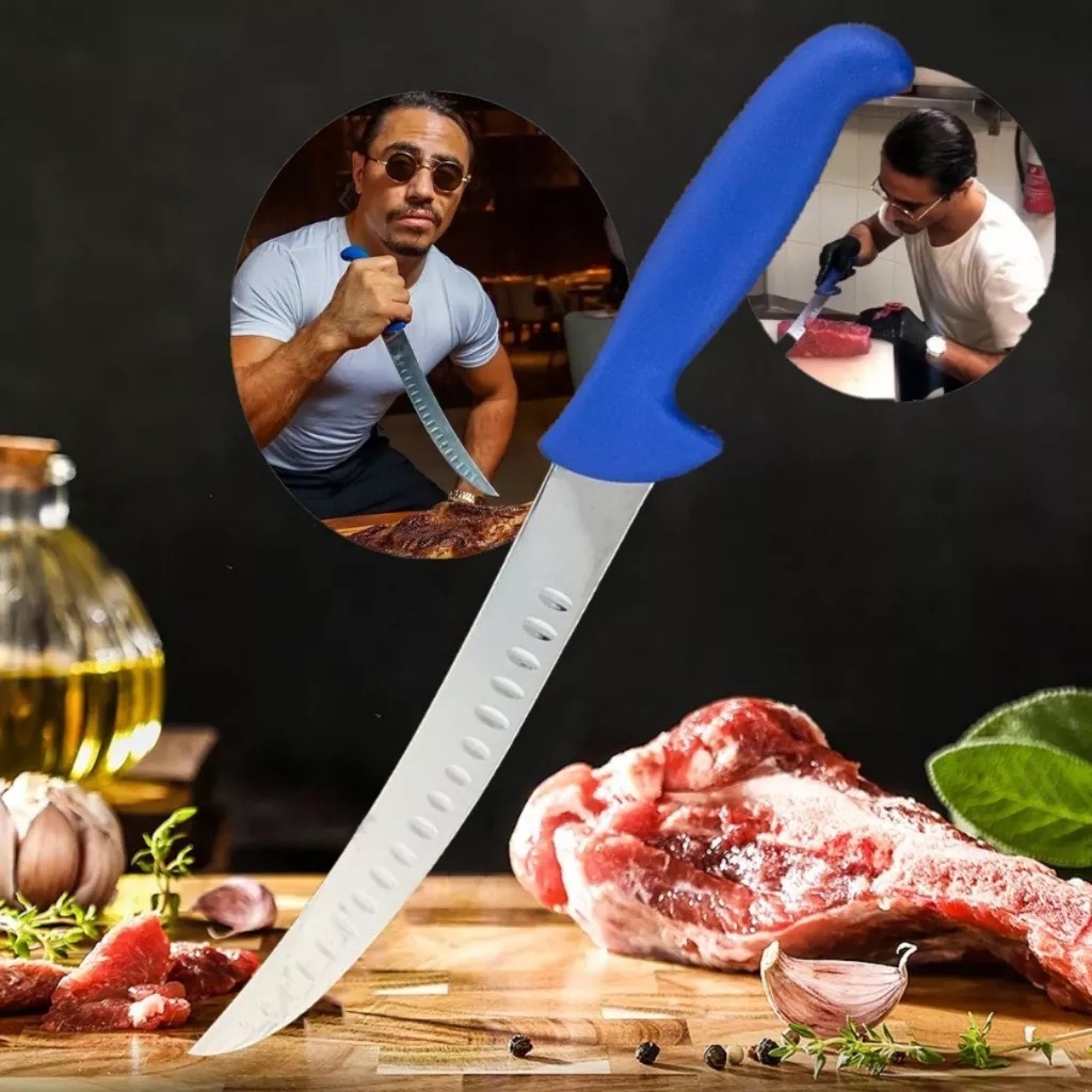Faca Butcher Profissional Aço Inox Chef Salt Bae  Lamina Curvada Chef Cabo Azul-Churrasco