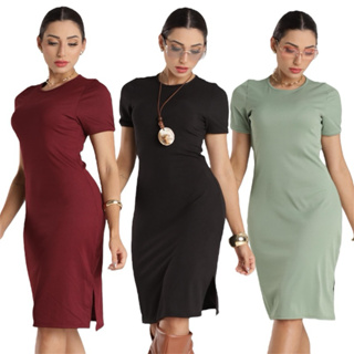 vestido feminino midi con fenda nas laterais tecido ribana em Oferta na Shopee