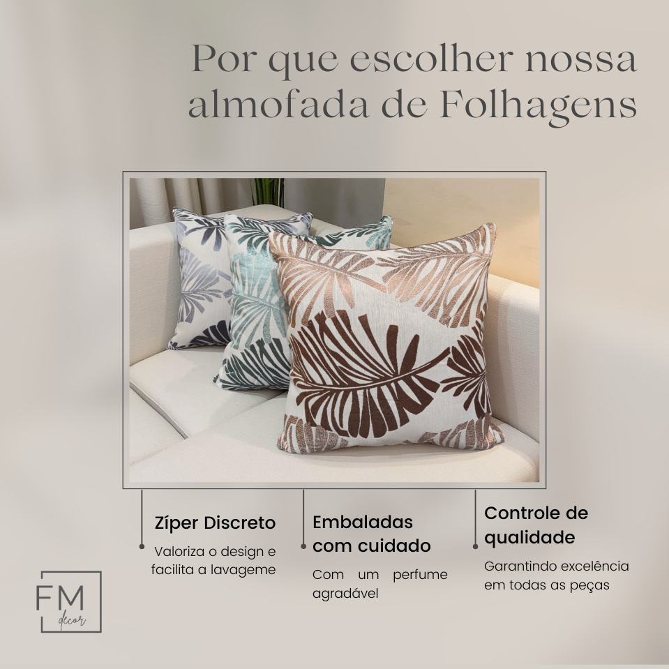 Capa de Almofada Estampada Folhagem Tropical 45x45 Kit 1 e 2 | Elegante e Natural no Seu Sofá