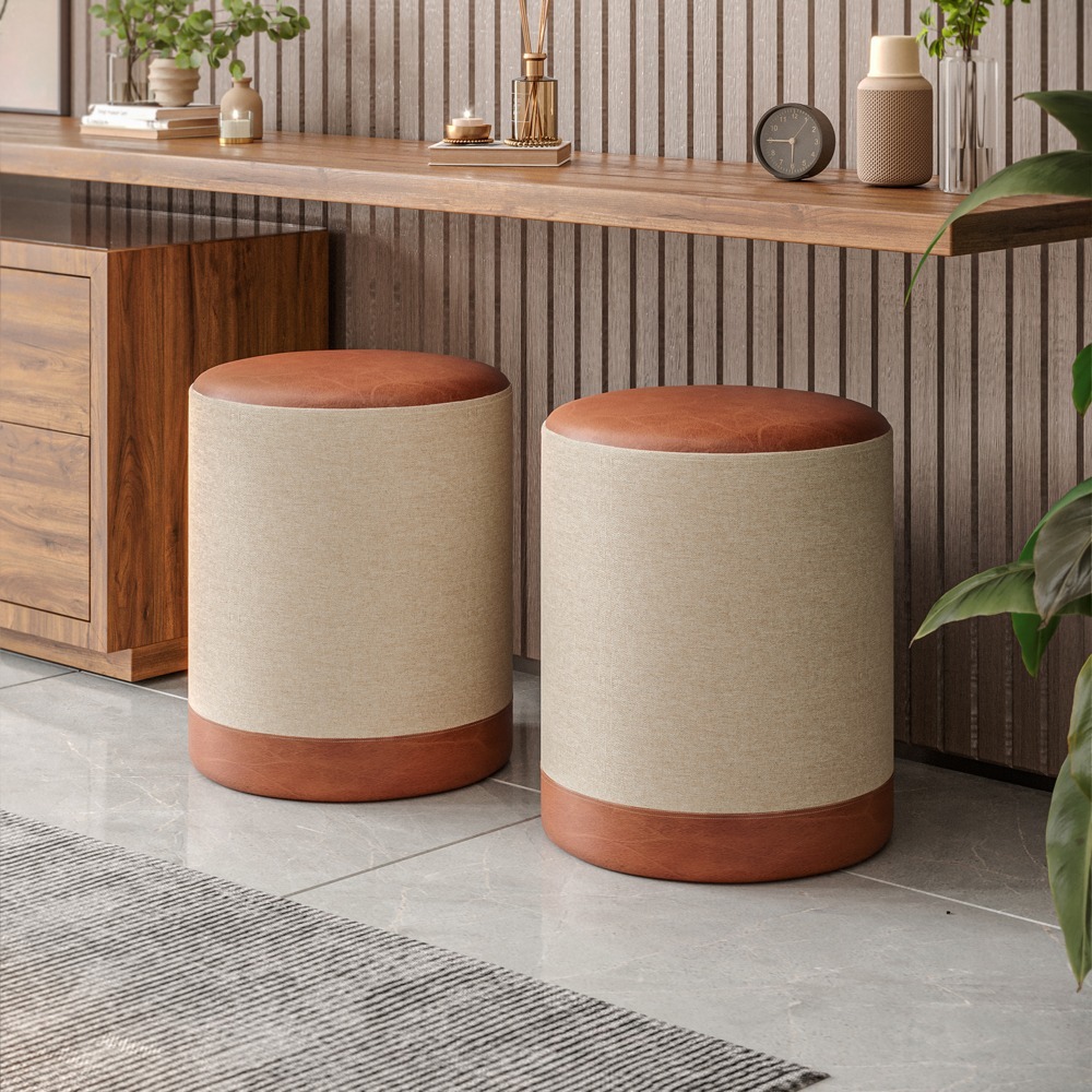 Kit 2 Puff Cilindro Linho/Couro Variedade na cores