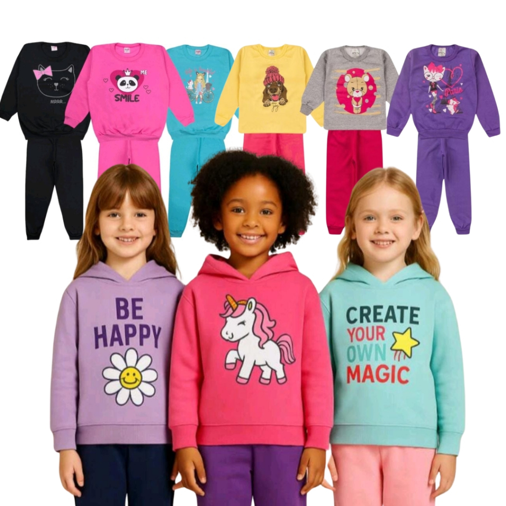 kit 2, 4 ou 6 Peças Moletom Infantil Menina 1 ao 14 Conjunto Feminino Outono Inverno