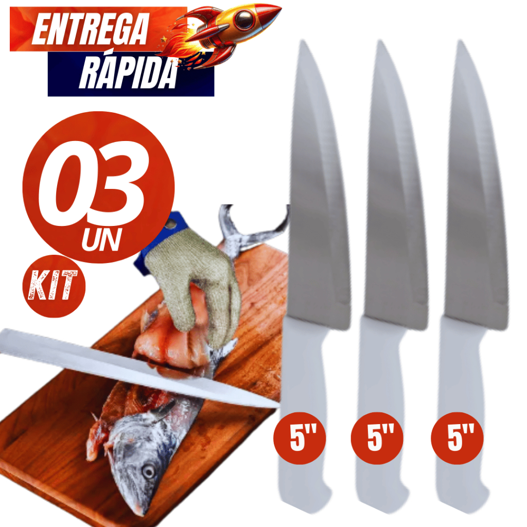 Jogo 3/2/1 Facas Inox Churrasco Peixeira Cozinha 5" Polegadas Durável resistente Linha Premium Variáveis Utilidades