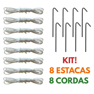 Kit 8 Estacas + 8 Cordas Para Barraca Camping Gazebo Beach Tenis