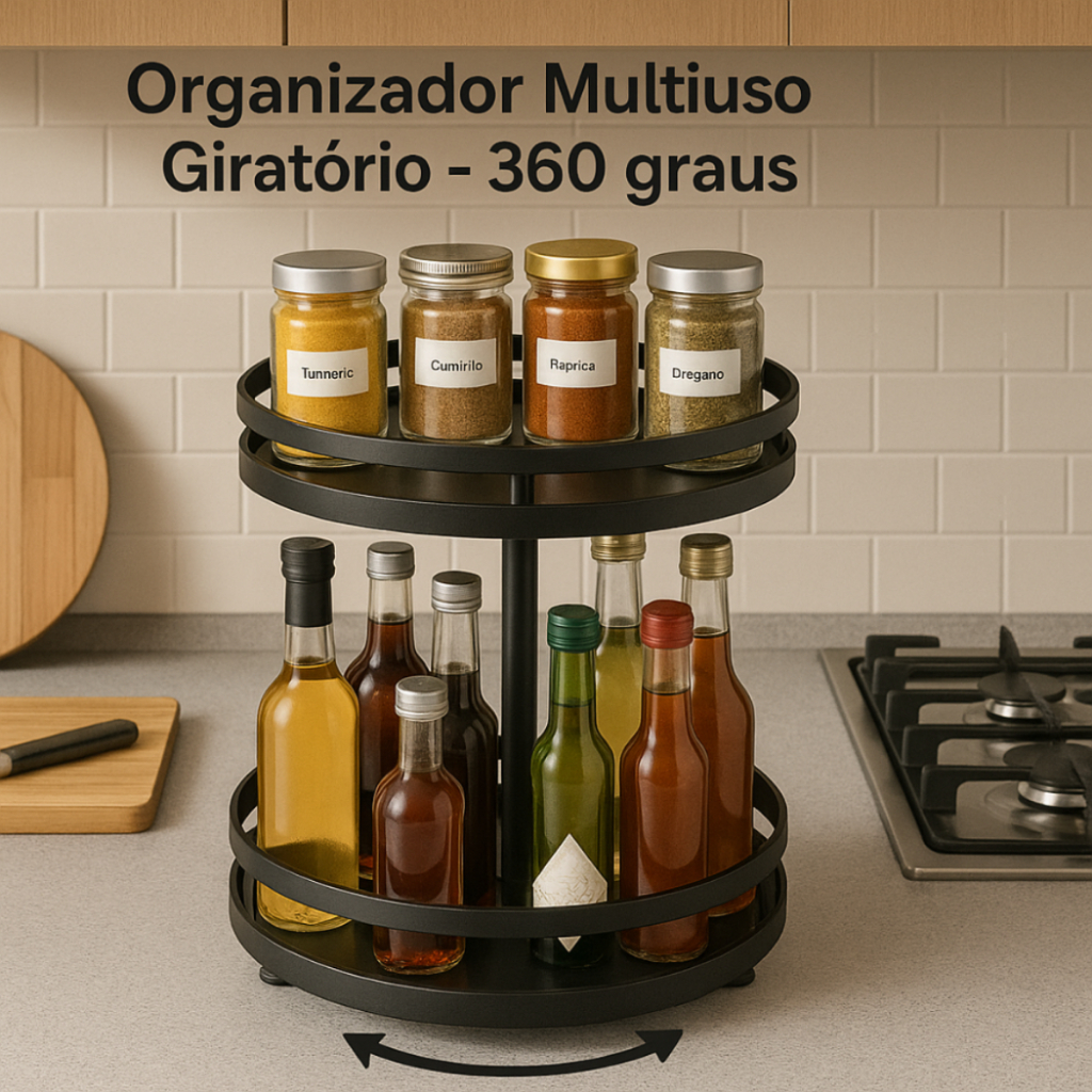 Organizador Multiuso Giratório 360° com Divisórias - Ideal para Cozinha, Banheiro, Escritório e Maquiagem"