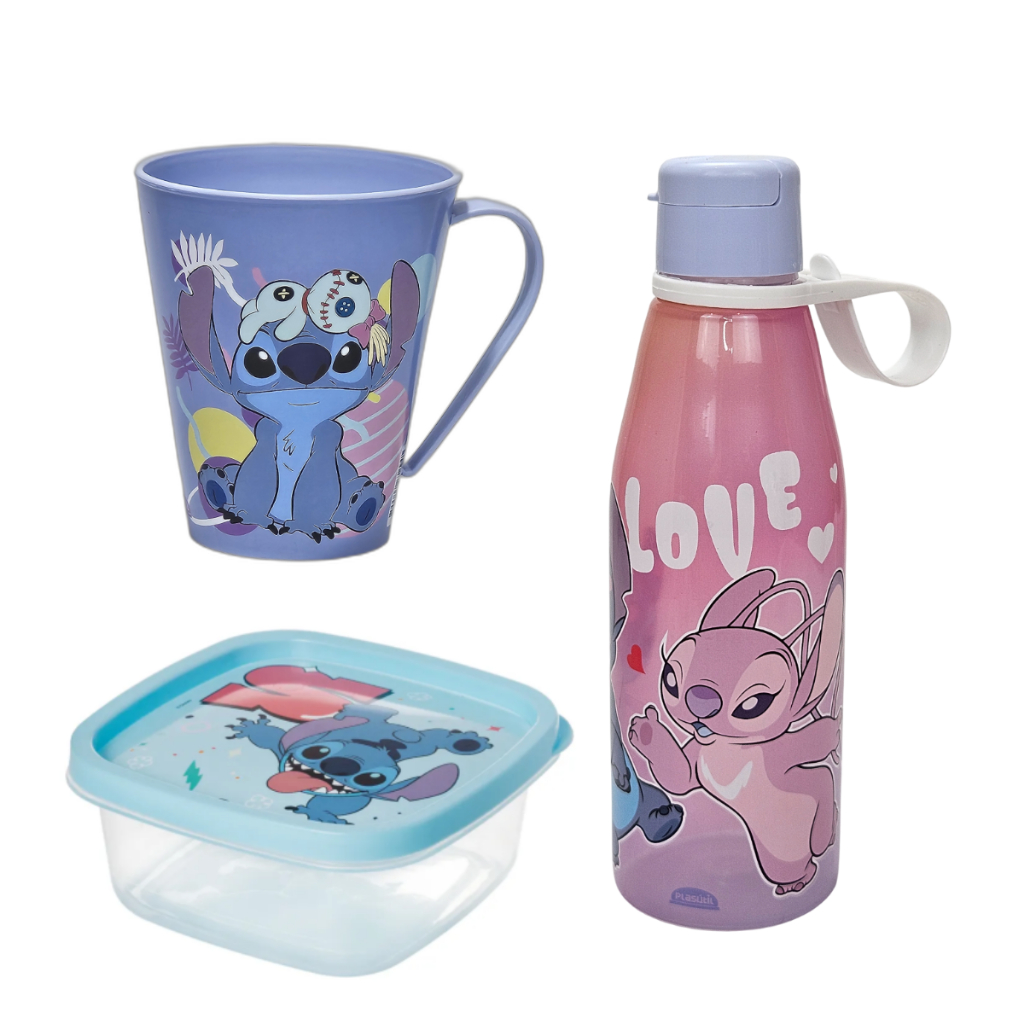 Kit 3 pçs Stitch Lancheira Pote Para Sanduiche Com Garrafa Squeeze 530ml Caneca 360Decorado Para Lanche Escolar