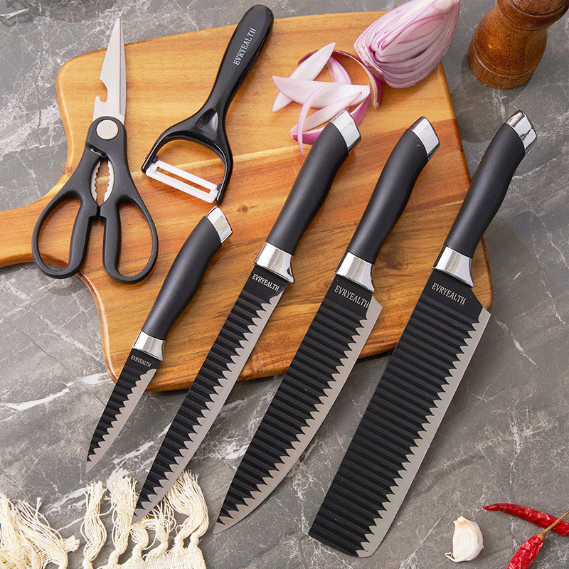 Kit de Conjunto Facas Coloridas/Pretos Tesoura Descascador Cozinha Gourmet 6 Peças