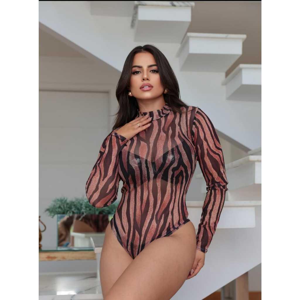 Body Tule  Feminino Manga Longa Estampado Bi-Color Elástico em Oferta na Shopee