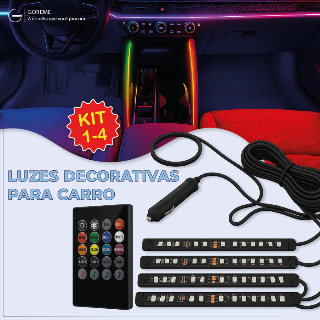 Fita Led para Carro RGB Luz Decorativa com Controle iluminação com Modo Música Plug 12V em Oferta na Shopee