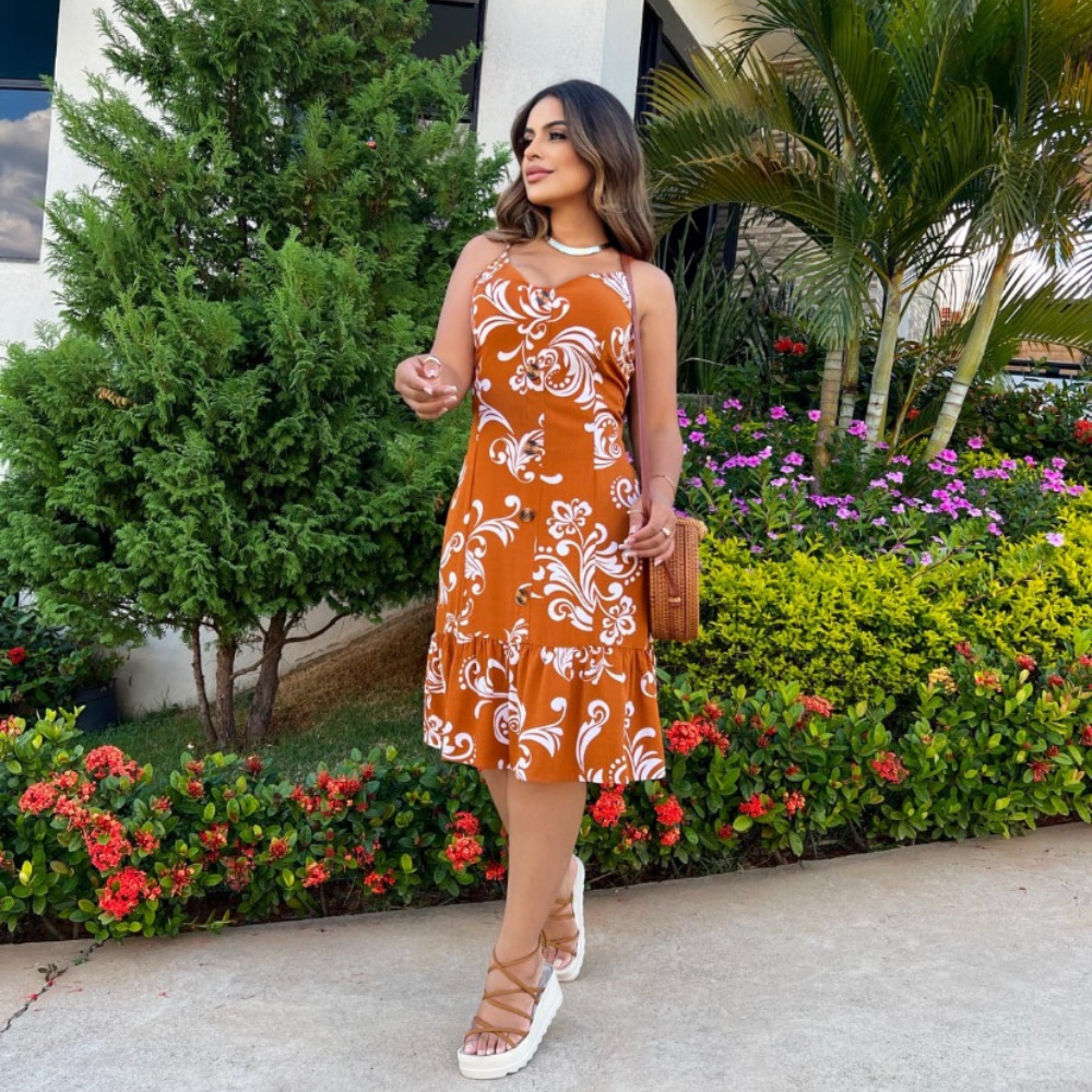 Vestido Curto Soltinho Feminino De Alcinha Com Elastex Nas Costas e Bojo Estampas Variadas Floral Midi Botões Frontais