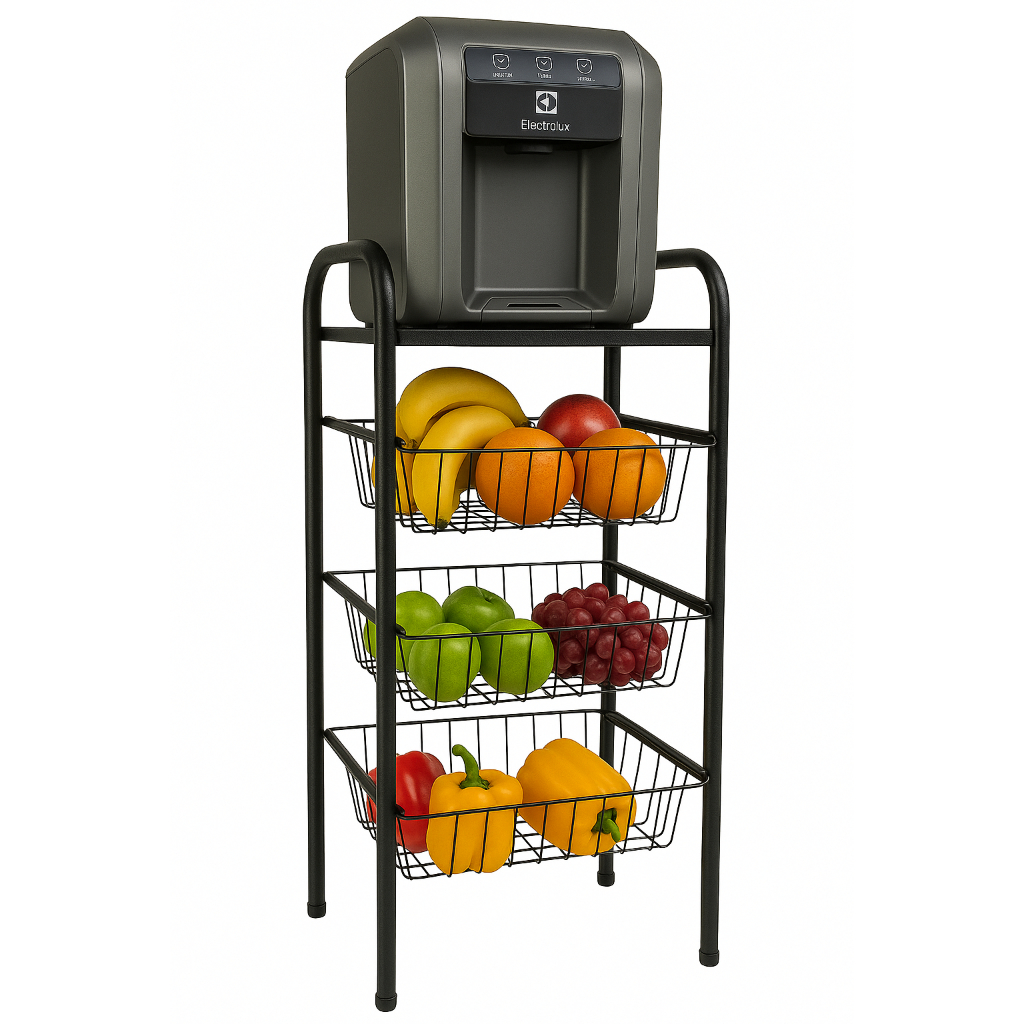 Fruteira De Chão Aço Preta 3 Cestos Removível Premium Tampo Metal Cozinha Texturizada