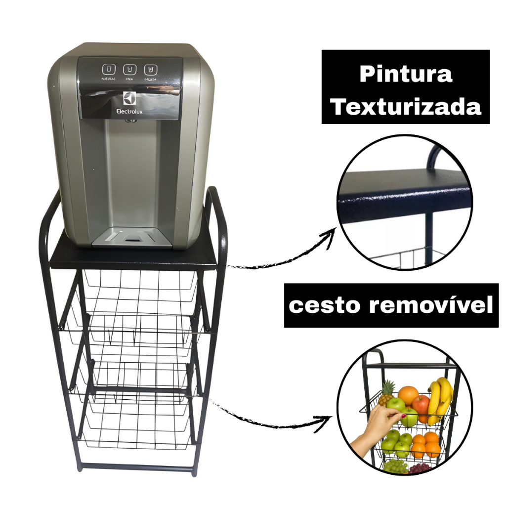 Fruteira De Chão Aço Preta 3 Cestos Removível Premium Tampo Metal Cozinha Texturizada