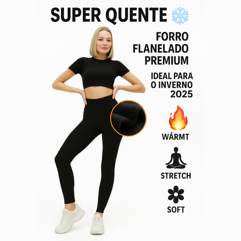 Calça Legging Feminina Flanelada Meia Calça Segunda Pele Forrada Sem Pé Térmica Cintura Alta