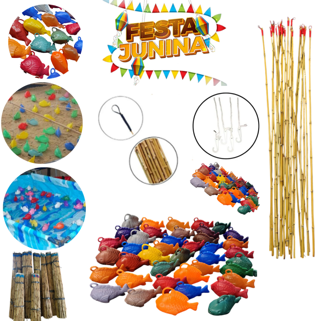 Kit 1 ou 2 ou 3 Varas 63cm + 10 Peixes Areia Agua Festa Junina Pescaria Brincadeira Jogos Peixe