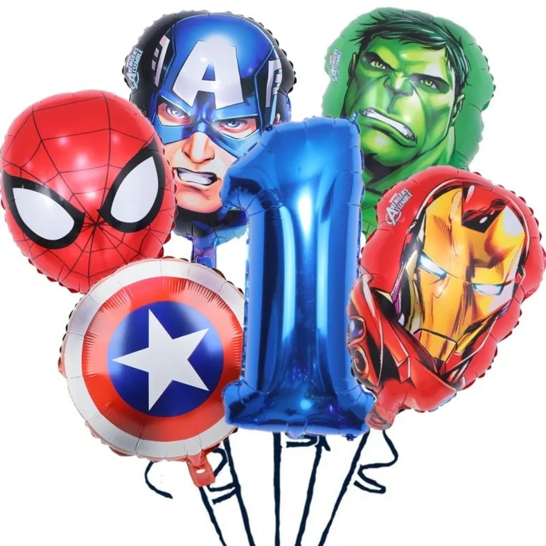 6 Balão Vingadores + Número Balões Metalizados Marvels Escudo Capitão América, Homem Aranha, Homem de Ferro, Hulk