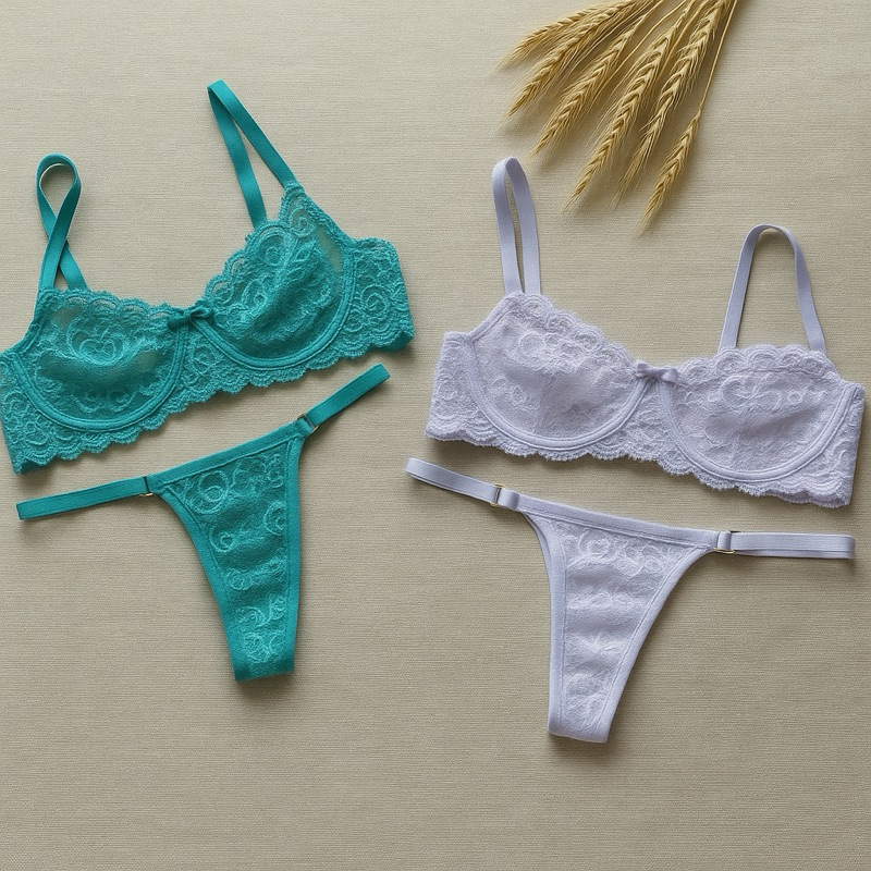 Conjunto Calcinha Fio Dental De Renda Com Sutiã De Renda Sem Bojo Com Aro Lingerie