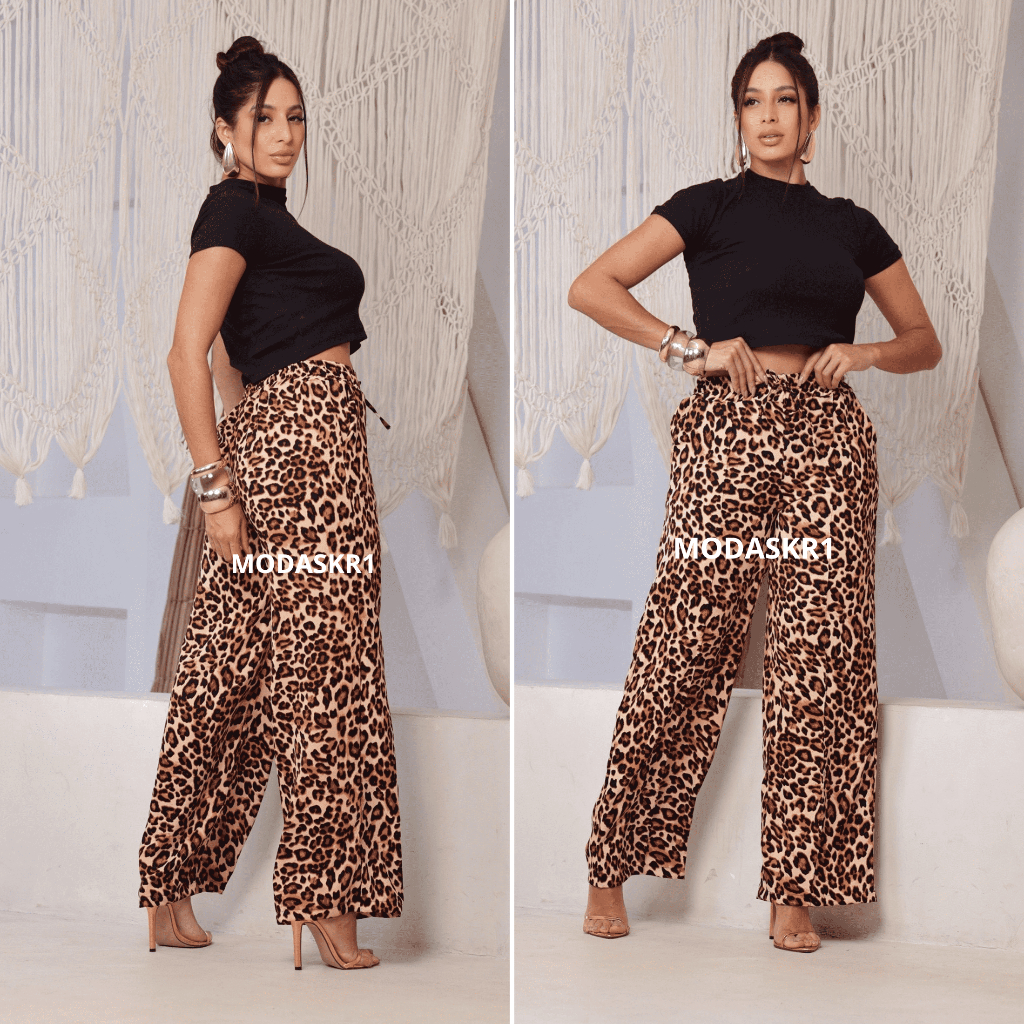 Calça Pantalona Feminina Onça Com Bolso Cintura Alta Elastico na Cintura Tecido Duna