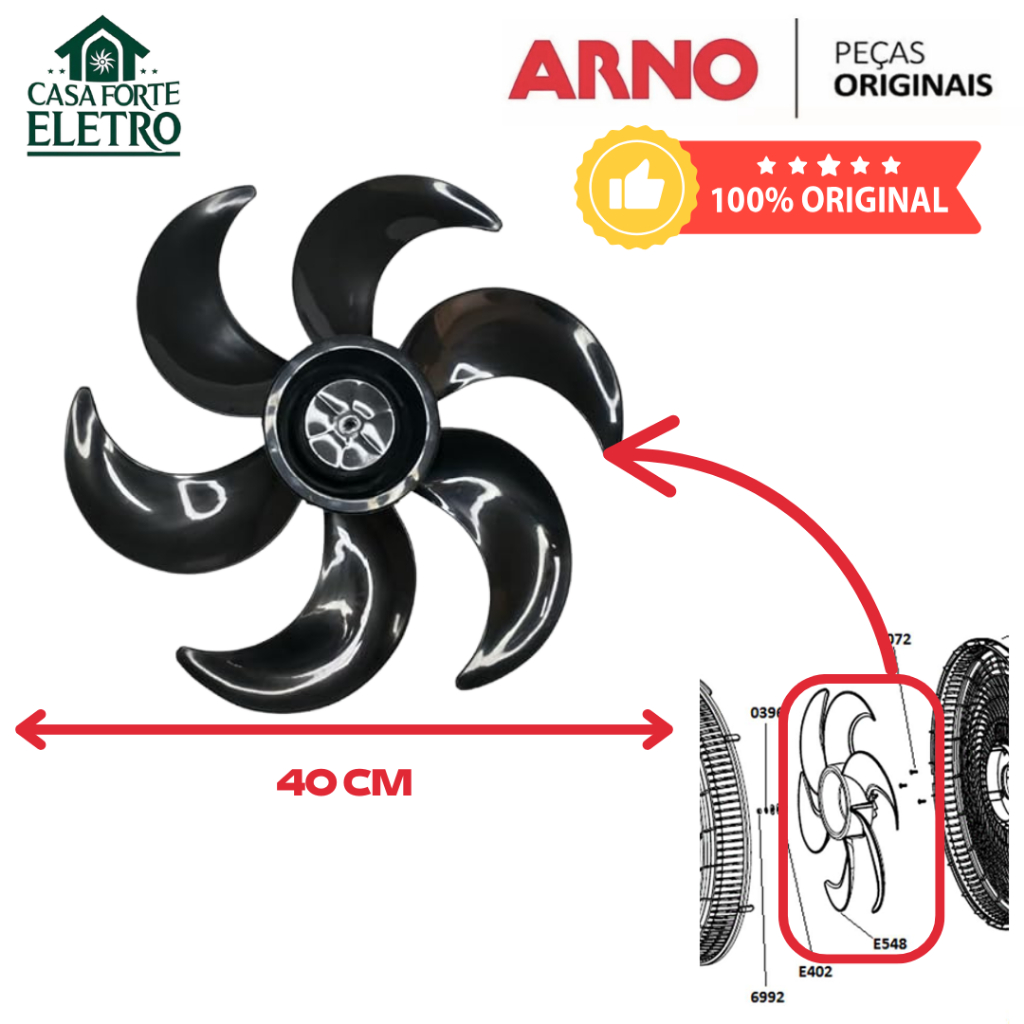Hélice Original Arno E548 40cm 6 Pás Preta para Turbo Silêncio Force TS55 TS40 SF40 VF40 Reposição