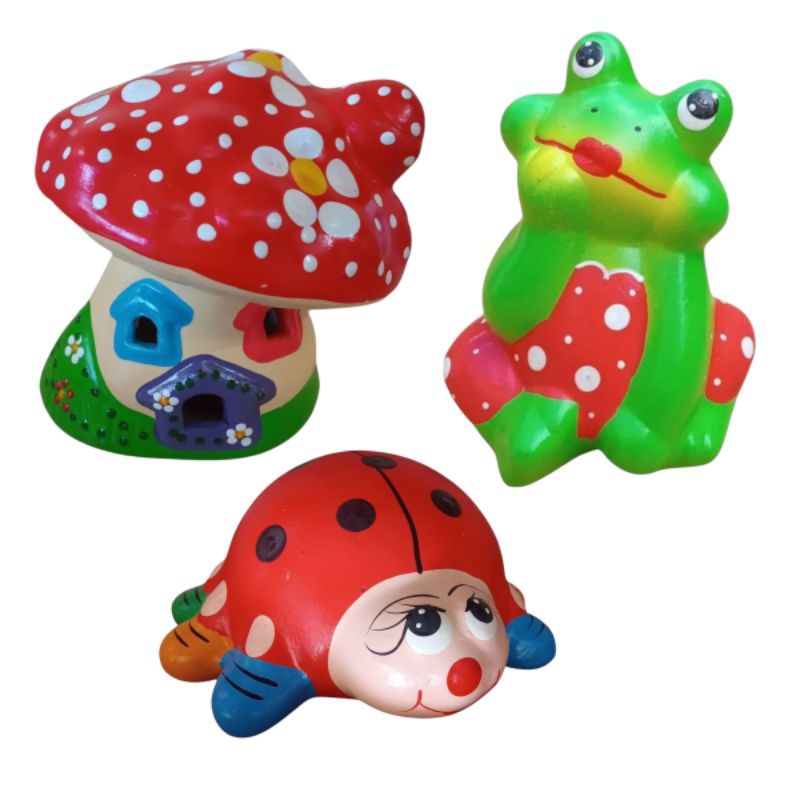 kit com sapo lelé cogumelo toca joaninha enfeite decorativo de jardim ou vaso em Oferta na Shopee