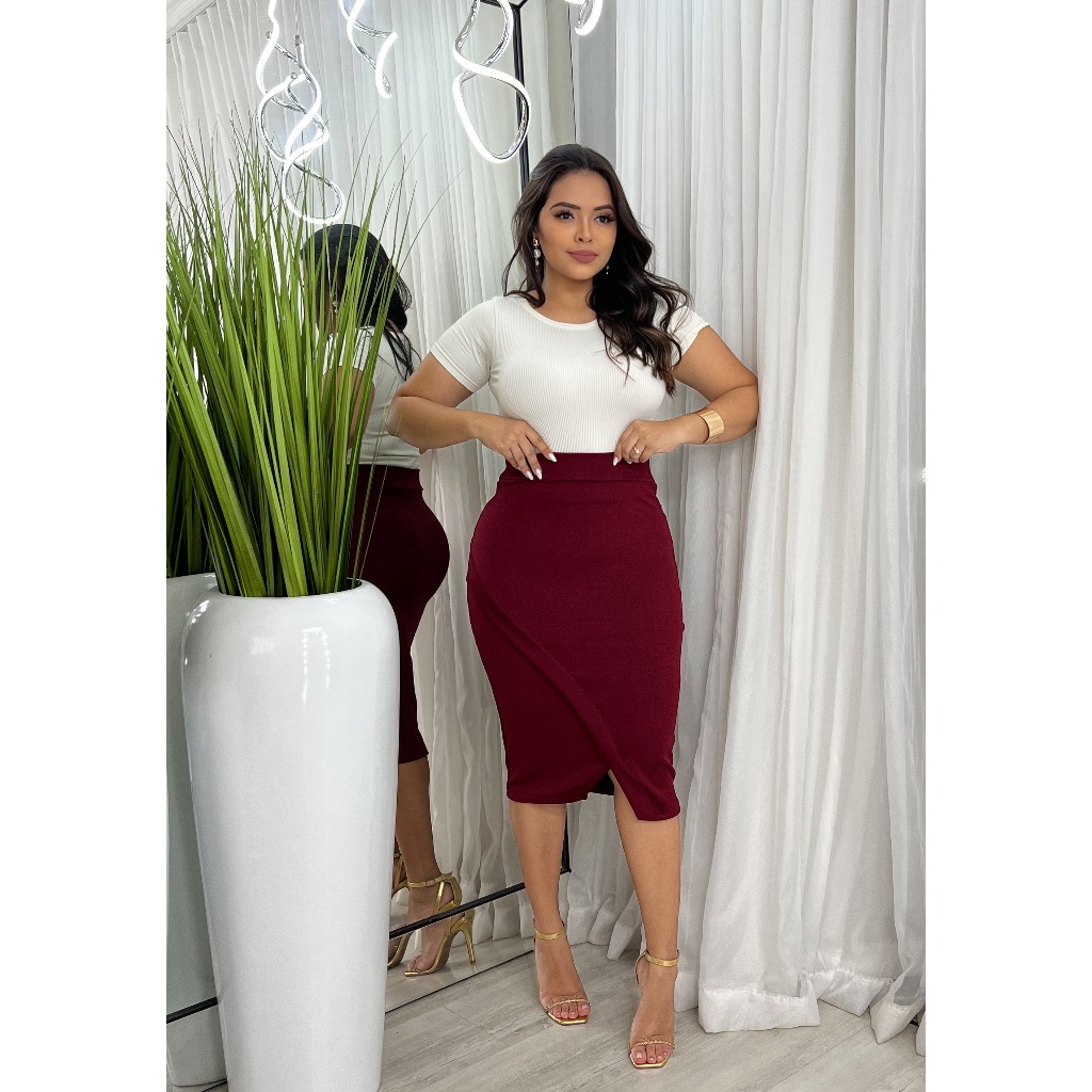 Saia Midi Feminina Assimétrica Social Para Trabalho Secretária Igreja Moda Evangélica Moda Feminina