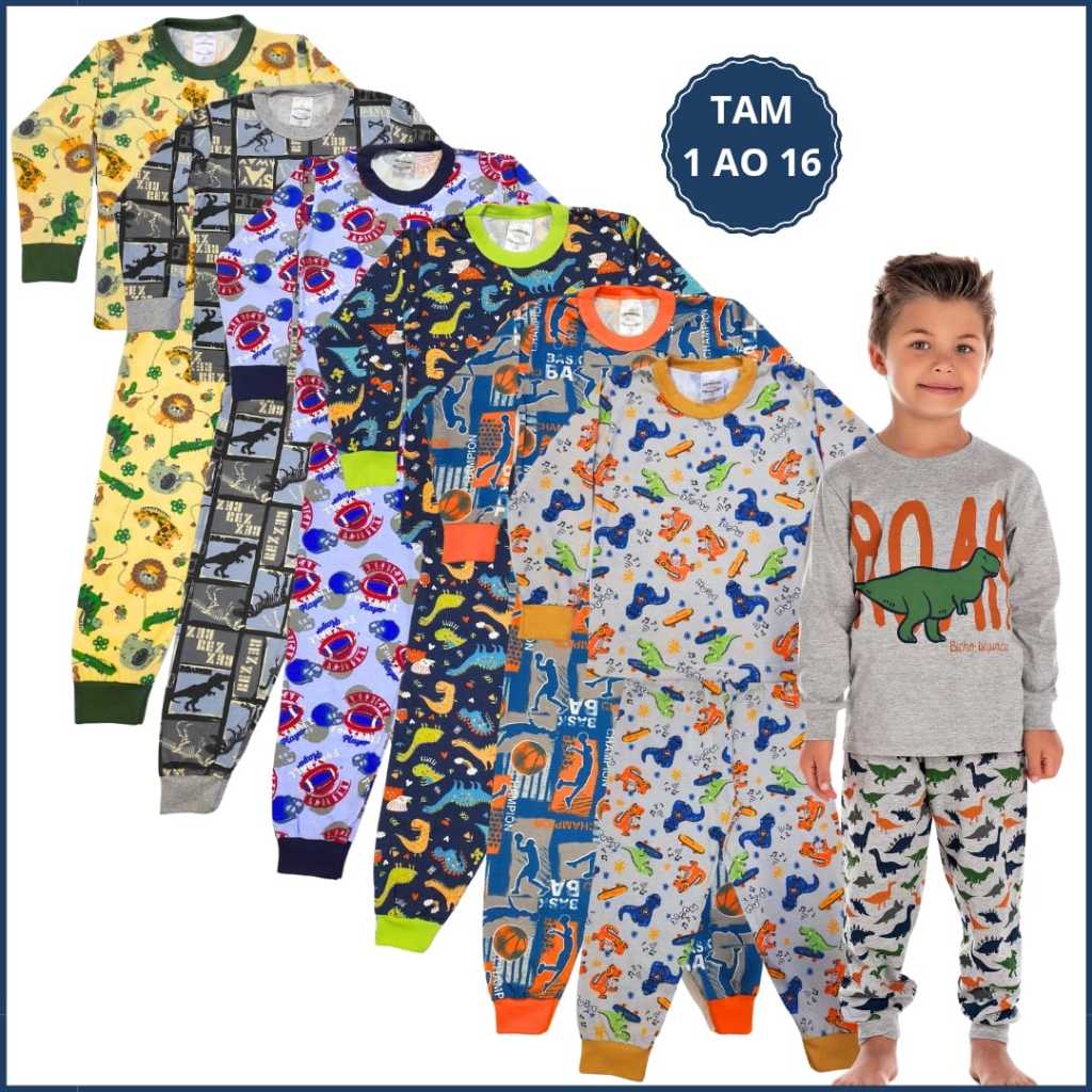 Kit 3 Pijama Infantil Menino Inverno Manga Longa e Calça com Punho Dino 100% Algodão 1 ao 16