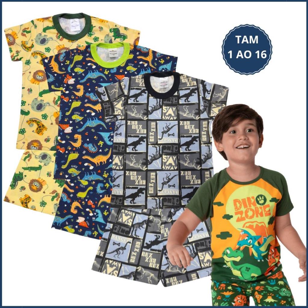 Kit 3 Conjunto de Pijama Infantil Verão Masculino 100% Algodão com Manga Curta e Bermuda 1 ao 16