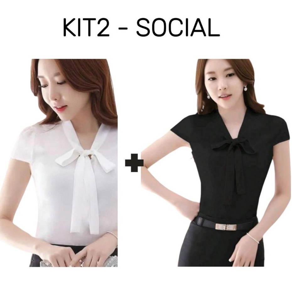 KIT 2  Blusa Camisa Social Feminina Laço Gravatinha Manga Curta Moda Evangelica Coreana Dorama