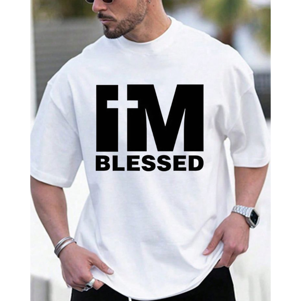Camiseta Masculina Branca Estampada I'M BLESSED  Eu sou Abençoado Algodão Premium Casual Gospel