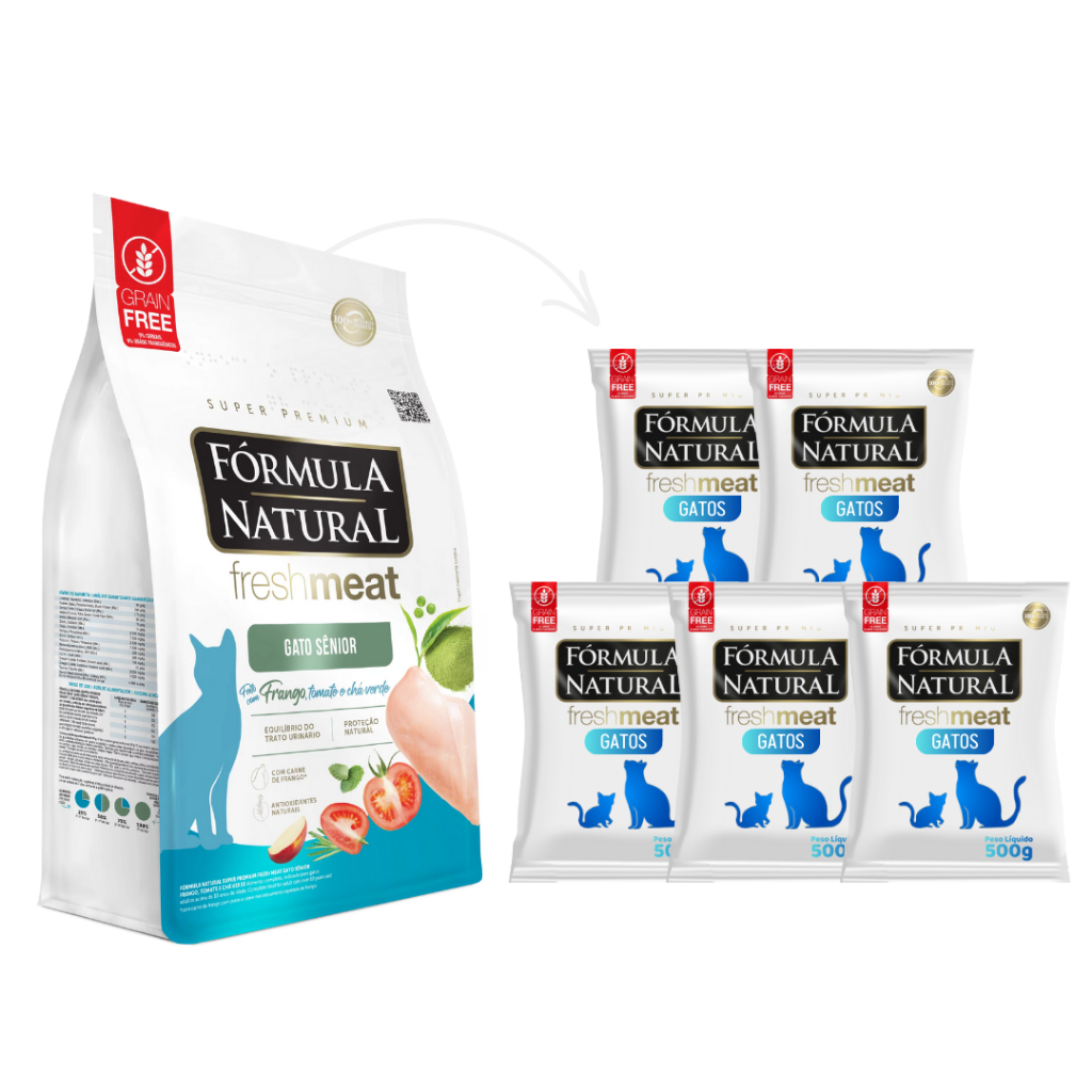Kit Premium C/5 Fórmula Natural Ração Premium Sabor Frango Fresh Meat P/ Gatos Adultos Sênior 500g
