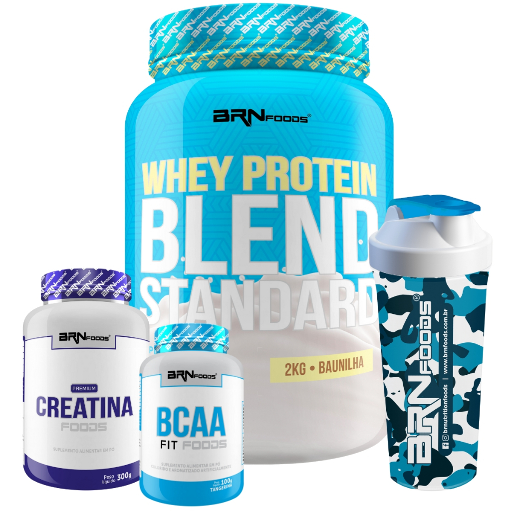 Kit Whey Protein Blend 2kg + Premium Creatina 300g + BCAA 100g + Coqueteleira - BRN Foods em Oferta na Shopee