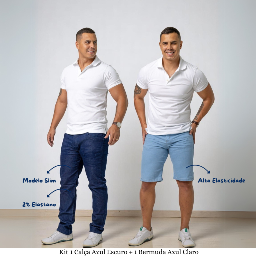 KIT Calça 1 Azul Escuro Padrão Lycra + 1 Bermuda Jeans Reta - Escolha A Variação | Lions Jeans