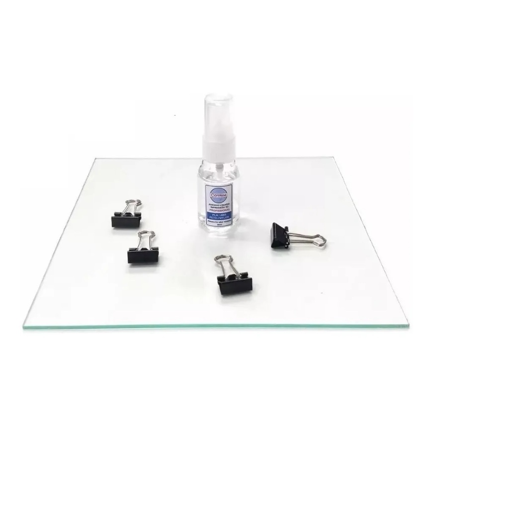 Base mesa de vidro compatível com Creality ender 3 s1 plus 310 x 315mm + 4 Presilhas + Adesivo líquido prof