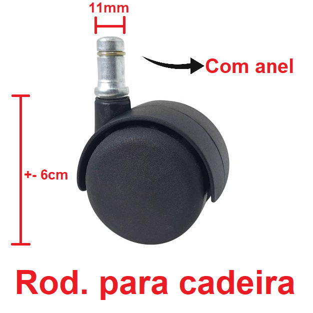 Rodizio com anel para cadeira de escritório altura 60mm pino 11mm | Rodizio duplo preto com pino