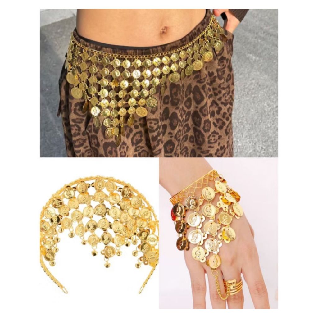 Kit Com Tiara e Pulseira e Cinto De Moedas Cigana Dança Do Ventre