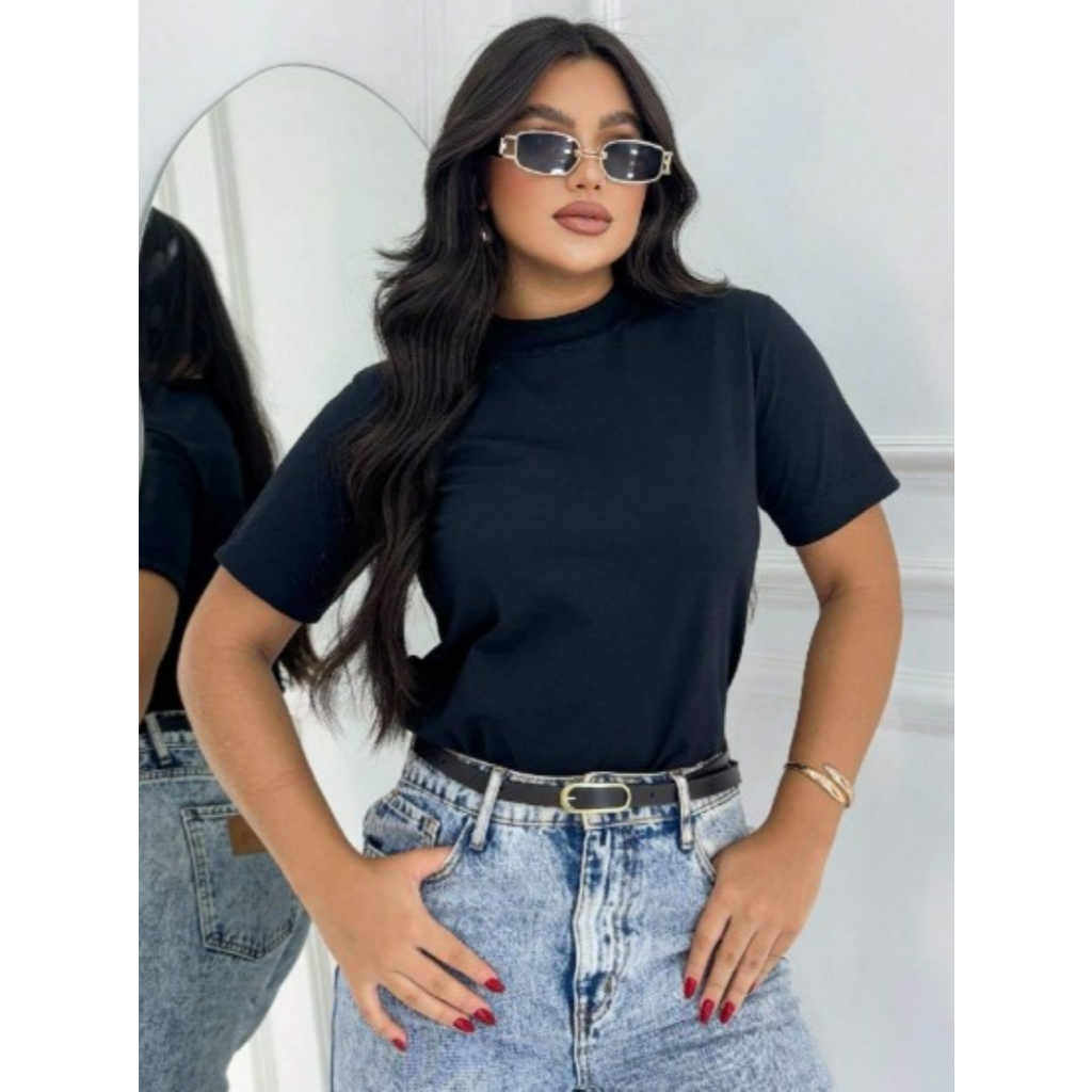 Blusa Feminina T Shirt gola alta manga oversize blusa gola alta feminina manga curta camiseta básica