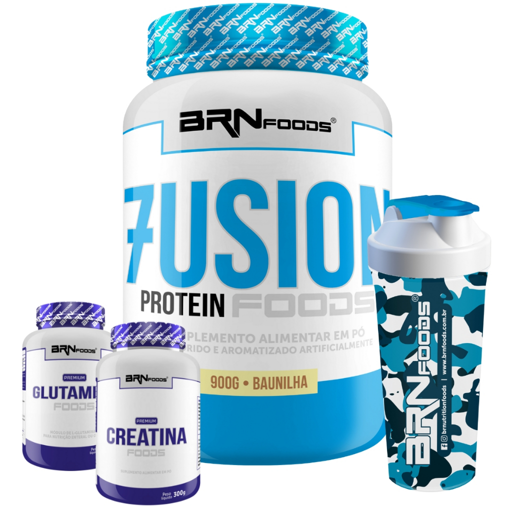 KIT Fusion Protein 900g + PREMIUM Creatina 100g + PREMIUM Glutamina 100g + Coqueteleira - BRNFOODS em Oferta na Shopee